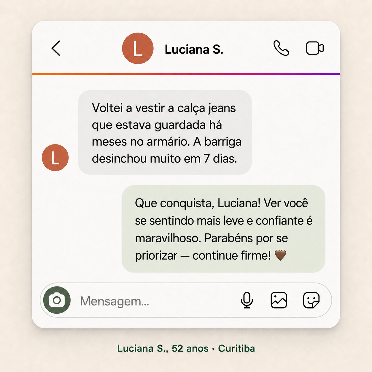 Depoimento de Luciana S., 52 anos, Curitiba: voltou a vestir a calça jeans, a barriga desinchou em 7 dias